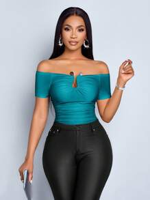 SOLERSUN Women's Solid Color Off-Shoulder Short Sleeve Slim Fit T-Shirt With Pleats - Teal Blue - View 3