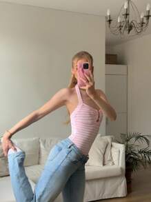 CovetEZ Body a rayas rosa para mujer con cuello halter y silueta favorecedora