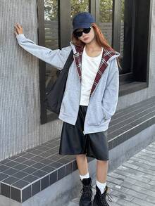 DAZY 少女宽松格子拼接卫衣，休闲宽松格子设计，秋季休闲风，宽松格子，秋季 - 灰色 - 查看 7