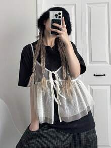 FRIFUL 女士系带网纱修身吊带背心，正面系带褶皱下摆，夏季 - 米色 - 查看 5