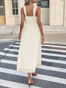 Serisse 女式纯色侧开衩下摆深V领性感细肩带中长连衣裙 - 杏色 - 查看 2