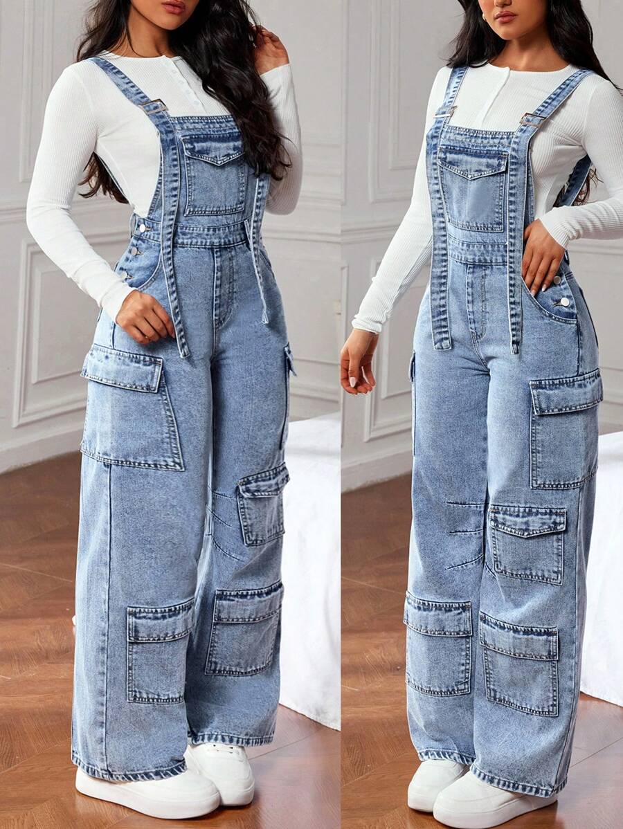 SHEIN ICON Women's Multi-Pocket Wide Leg Casual Denim Jumpsuit - Light Wash - View 1