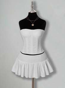 SHEIN ICON Going Out White Solid Color Tight Bandeau Top And Pleated Mini Skirt Casual 2 Pieces Set - White - View 1