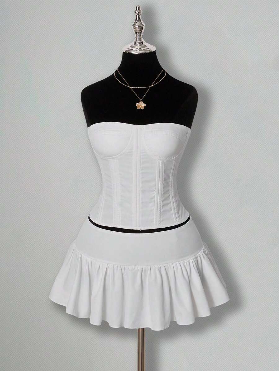 SHEIN ICON Going Out White Solid Color Tight Bandeau Top And Pleated Mini Skirt Casual 2 Pieces Set - White - View 1