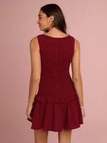 Enchnt 女式简约纯色纹理荷叶边下摆无袖连衣裙，夏季 - 酒紅色 - 查看 7