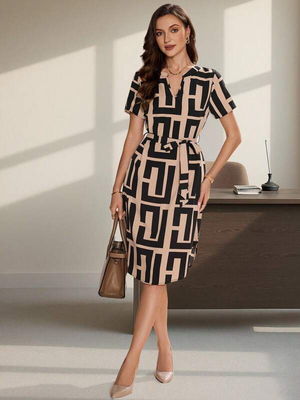 SHEIN Clasi Women's Geometric Pattern Notch Neck Short Sleeve Dress With Belt,Summer Dresses
Spring Clothes