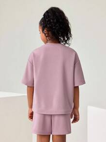 JNSQ Conjunto de ropa para niña de vuelta al colegio, conjunto informal de camiseta y pantalones cortos para exteriores, conjunto de camiseta holgada con estampado gráfico de letras divertidas de cuello redondo y capucha y pantalones cortos, otoño - Púrpura malva - Ver 2