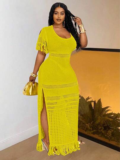 Slaydiva 大码女式纯色圆领短袖流苏针织连衣裙，适合假日、秋冬季穿着