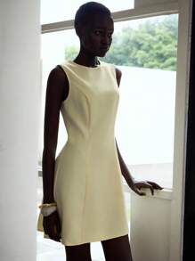 Lumivelle Women's Elegant Sleeveless V-Neck Waisted Mini Dress, Summer Butter Yellow Dress A Line Dress Mod Dress Yellow Mini Dress Back To School Teacher Outfits Modest