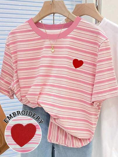 Camiseta de mujer/Estampado de corazón/Camiseta a rayas rosas a cuadros/Bordado artesanal/Blusa suelta de cuello redondo informal para mujer/Primavera y Verano