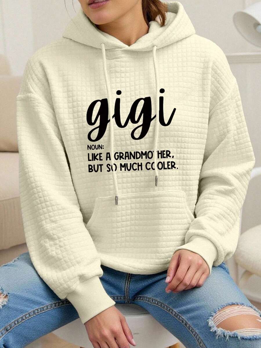 SHEIN EZwear Women's Oversized Slogan Print Drop Shoulder Long Sleeve Drawstring Hoodie, Casual, Autumn/Winter Pullover Fall Sweatshirt