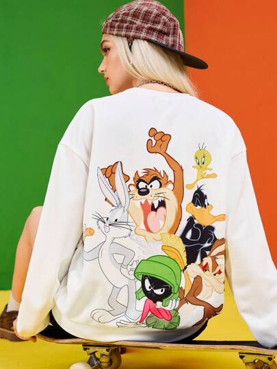 LOONEY TUNES X SHEIN Women's Cartoon Animal Pattern White Loose Sweatshirt, Cute Graphic Casual Versatile Casual Daily Top, Back To School, Summer & Fall