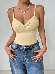 INAWLY 1 pieza Camiseta gráfica de mujer con Top corta fruncida y retorcida de unicolor - Albaricoque - Ver 4