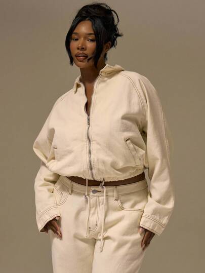 MUSERA 大码抽绳撞色缝线牛仔外套，可爱夏季度假优雅浪漫曲线农舍风服装