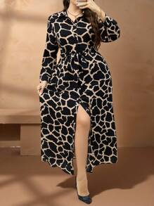 Chikora Plus Size Geometric Print Shirt Dress Casual Teacher Uniform Fall Dress