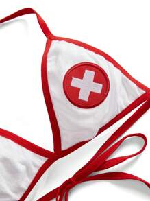 Fantasy Costume 2 件套露背性感镂空文胸和内裤套装，女士卧室服装 - 紅白色 - 查看 3