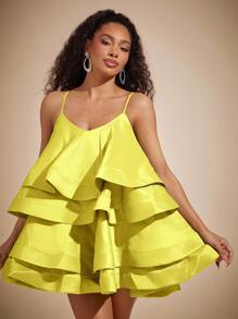 Vixey 层叠夸张荷叶边吊带连衣裙，波西米亚风，女士早午餐装，度假装，春季装，夏季装，夏季连衣裙，复活节装 - 黃色 - 查看 4