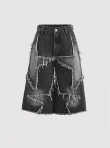 SHEIN Girlism 少女Y2K复古水洗星形图案拼接印花牛仔七分裤，带腰带环，毛边裤脚，宽松休闲长款短裤，适合日常穿着、上学、街头风、青少年穿搭，兼具美学、颓废和星形印花元素，是秋冬季的理想之选。