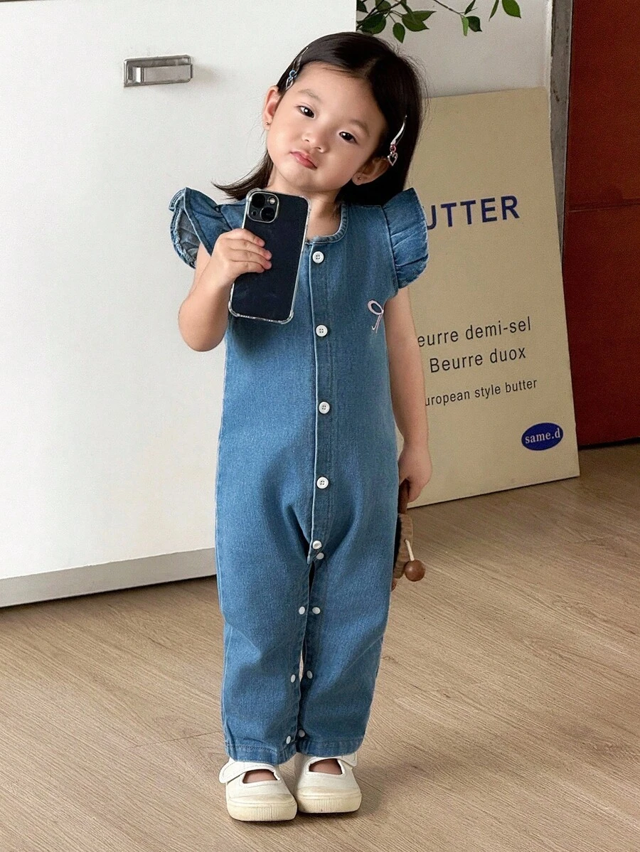 SHEIN Baby Girl Cute Fashion Bow Embroidery Blue Denim Overalls, Suitable For Daily Wear, Gatherings, Parks, Vacations - Blue - View 1