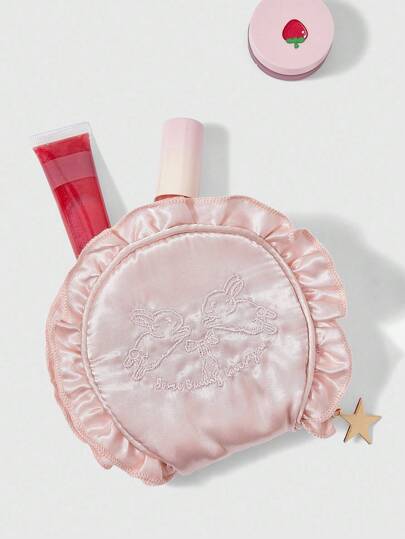 Kawaii 1pc Rabbit Embroidered Shell Ruffle Cosmetic Jewelry Travel Pouch, Gift Set With Pearl Hanging Decor
