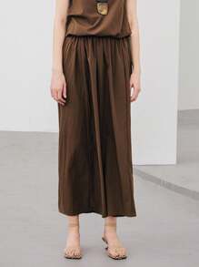 Uhlyne 时尚休闲女式半身裙，咖啡棕色，简约风格，适合工作、教师、返校、秋季穿着，中性色，商务休闲，复古棕色半身裙 - 咖啡棕 - 查看 2