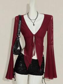 SHEIN ICON Y2k Fall Women's Western Burgundy Long Sleeve Going Out Solid Color Front Tie Flare Sleeve Fashionable T-Shirt - Burgundy - View 3