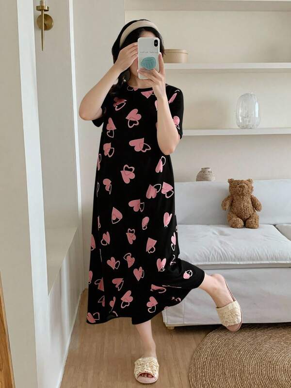 少女舒适心形印花短袖长款睡袍