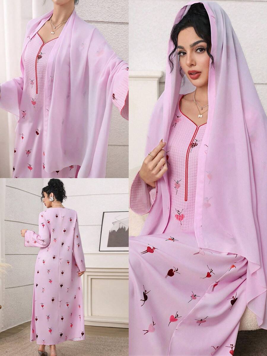 Yasmyna 女式卡通人物印花长袖阿拉伯风格连衣裙 - 粉色 - 查看 1