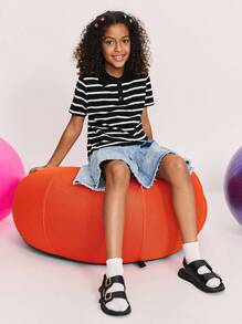 SHEIN Tween Girl Casual Minimalist Comfortable Contrast Color Striped Polo Shirt ,Back To School Season, Christmas - Black - View 6