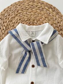Baby Boy Casual Summer Vacation Solid Color Short Sleeve Shirt, Striped Shorts And Shawl Three-Piece Set - Multicolor - View 6