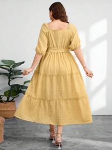 Modelyn Plus Size Women's Belted Square Neck Cake Skirt - Yellow - View 2