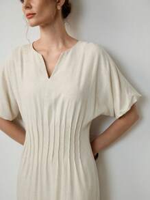 Uhlyne 夏季新款时尚亚麻条纹连衣裙，双侧口袋，后拉链开合，无袖，休闲优雅女士长裙 - 杏色 - 查看 7