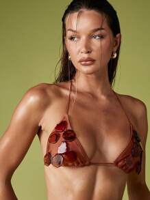 MISSGUIDED Bộ bikini dây đính vỏ sò tam giác, trang phục dự tiệc hồ bơi, cổ yếm có thể điều chỉnh, mặc đi biển mùa hè - Cà phê nâu - Xem 4