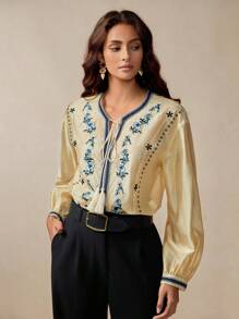 Florisole Camisa de manga linterna con bordado de flor, elegante para ir al trabajo - Amarillo - Ver 5