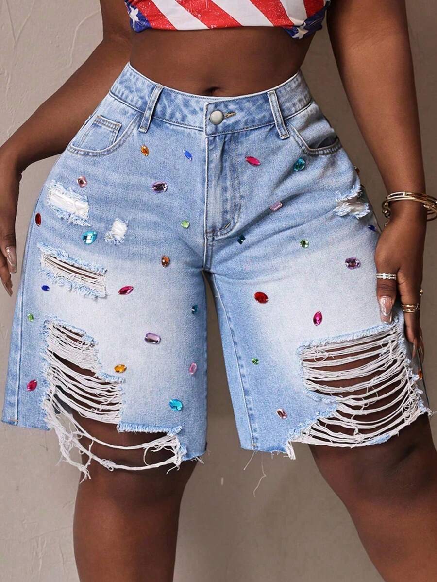 Slaydiva Plus Size Diamond Decoration Distressed Denim Shorts,Back To School - Medium Wash - View 1