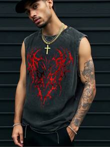 ROMWE MEN Goth 哥特风水洗印花酸洗休闲背心，万圣节