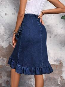 SHEIN Tall 女士休闲不对称荷叶边下摆牛仔 A 字裙