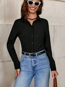 Solivie Solid Button Front Shirt Bodysuit - Black - View 3