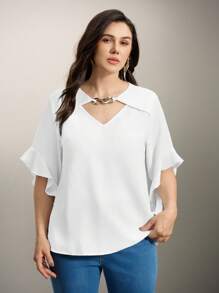 Camisa de talla grande de unicolor con cuello hueco y mangas con volantes - Blanco - Ver 3