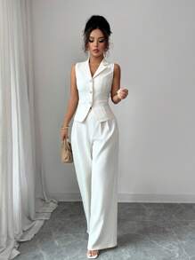 SHEIN Raffinéa 时尚百搭通勤无袖背心夹克上衣，收腰开衩设计，高腰直筒裤，米色女式两件套西装，优雅的春秋季商务休闲装 - 杏色 - 查看 4