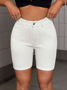 SHEIN SXY Solid Slant Pocket Skinny Denim Shorts - White - View 4