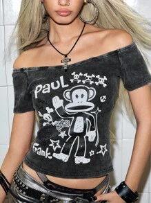 Paul Frank X ROMWE 女款韩流复古猴子印花露肩T恤 - 黑色 - 查看 4