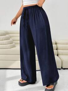 SHEIN EZwear Plus Size Casual Solid Color Straight Leg Pants,Fall Clothes For Women - Navy Blue - View 4