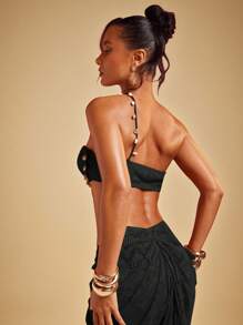 Hauture 性感波西米亚风度假风不对称钩针短款文胸上衣，带贝壳边 - 黑色 - 查看 3