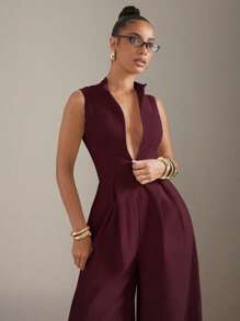 Bộ đồ liền thân không tay có khóa kéo phía trước ống rộng cực chất - Màu Đỏ Sâu - Xem 5