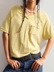 Bohemela 女士休闲纯色针织圆领插肩短袖宽松T恤 - 芥末黃 - 查看 2