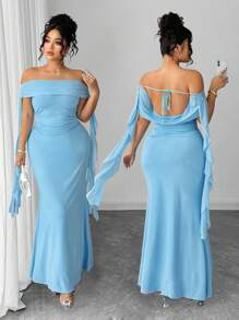 Elenzga Đầm bodycon một vai cỡ lớn với thiết kế xếp nếp, thanh lịch và quyến rũ - Màu xanh nhạt - Xem 3