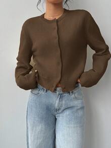 SHEIN BASICS Casual Solid Color Round Neck Long Sleeve Loose Cropped Women Sweater Cardigan In Fall/Winter - Brown - View 4