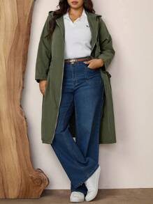 Zelara Plus Size Fashion Solid Green Hooded Pocket Design Mid-Length Jacket For Fall With Pockets Trench Women Coat Winter Clothes Autumn