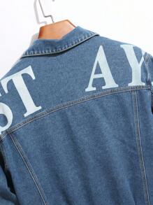 Manfinity Homme Plus Size Men's Long Sleeve Casual Street Letter Print Raw Edge Flap Detail Denim Jacket, Fall - Light Wash - View 6